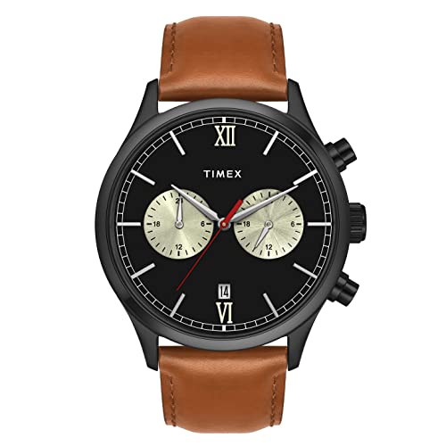TIMEX Analog Watch for man with Black Round Dial & Tan Leather Strap Band Water Resistant Men's Wrist Watches - TWEG19808