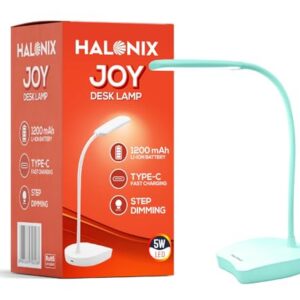 Halonix Joy Rechargeable Desk Lamp with C-Type Charging | LED Study Table Lamp with Step Dimming | Li-ion Battery | Portable Eye-Care Light for Study, Work & Home Use