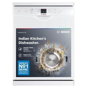 Bosch 13 Place Setting (fits up to 70 utensils) Free-Standing Dishwasher for Indian Utensils | Hygiene+ & Intensive Kadhai Program (SMS66GW01I, White, Inbuilt Heater, Removes 99.9% Germs)
