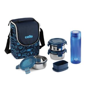 CELLO Complete Meal Lunch Box Set with Jacket for Office Use Blue | 3 x 300ml Steel Container, 1 x 130ml Pickle Container, 500ml Water Bottle with Spoon & Fork | Airtight Tiffin Box Set for Daily Use