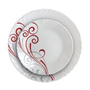 Cello Opalware Imperial Series Red Swirl 33 Pieces Dinner Set | Opal Glass Crockery for 6 | Bone Ash-Free, Lightweight, Elegant White Plate & Bowl Set |Opalglass Dinner Set for Daily Use & Gifting