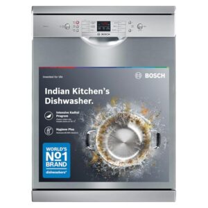 Bosch 13 Place Setting (fits up to 70 utensils) Free-Standing Dishwasher for Indian Utensils | Hygiene+ & Intensive Kadhai Program (SMS66GI01I, Inbuilt Heater, Removes 99.9% Germs, Silver Inox)