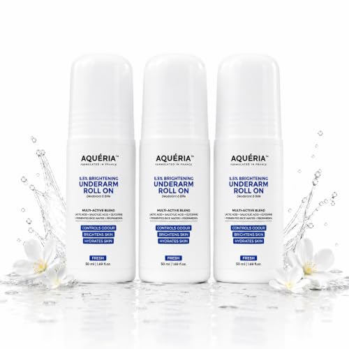 Aqueria Underarm Brightening Roll-On for Men & Women | Lactic Acid, Fermented Rice Water & Glycerine | Helps Reduce Dark Underarms, Pigmentation & Uneven Skin Tone | Controls Body Odour | Fresh Fragrance | Pack of 3 (150ml)