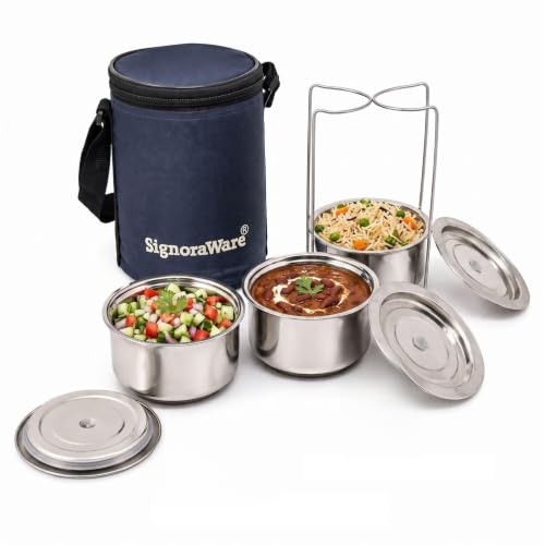 SignoraWare Fine Meal Stainless Steel Lunch Box | Airtight & Leakproof Lid | Compact & Lightweight | Tiffin for Office, School & Travel Use (300ml x 3 | Set of 3 | Steel)