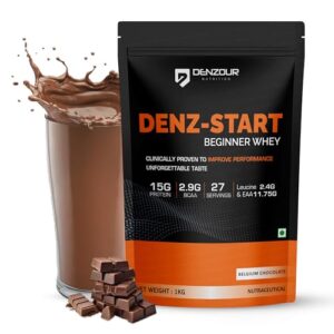 DENZOUR NUTRITION Denz-Start Beginner’s Whey Protein Powder, Faster Muscle Recovery & Increases Body Strength Protein Powder for Men & Women- Belgium Chocolate Flavour, 1Kg/2.2lb (27 Servings)