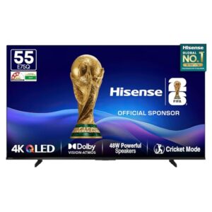 Hisense 139 cm (55 Inches) 4K Ultra HD Smart QLED TV 55E75Q | E75Q Series | 48W Powerful Speakers | Dolby Atmos & HDR10+ | ALLM, VRR & Game Mode | Cricket Mode | AI 4K Upscaler | VIDAA OS (Black)
