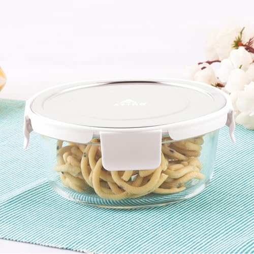ATTRO Glassox Borosilicate Round Glass Lunch Box with Stainless Steel Lid Food Storage Container Microwave & Freezer Safe BPA-Free Food-Grade 620ml