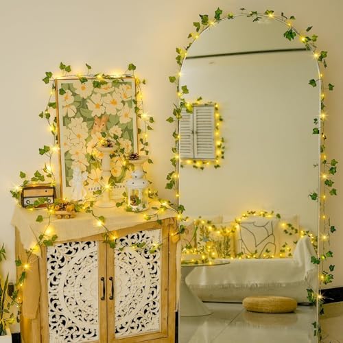 MoonlitDreams 7ft Artificial Money Plant Vine with 30 Warm White LED Lights, Battery Operated Copper Wire String, Decorative Hanging Creeper for Bedroom, Wall, Balcony & Home Decor