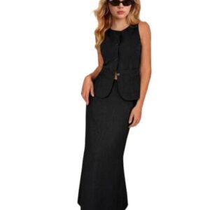 FNOCKS Girls Cotton Linen Co-Ord Set (Black, 15-16YRS)