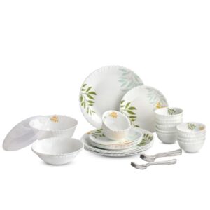 CELLO Lush Foliage Dazzle Series Opalware Dinner Set of 40 Pieces for Family of 6 | Bone-Ash Free & Leadfree Opal Glass, Microwave & Dishwasher Safe Plates & Bowls Crockery Set for Dining & Gifting