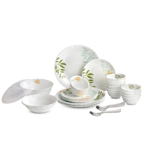 CELLO Lush Foliage Dazzle Series Opalware Dinner Set of 40 Pieces for Family of 6 | Bone-Ash Free & Leadfree Opal Glass, Microwave & Dishwasher Safe Plates & Bowls Crockery Set for Dining & Gifting
