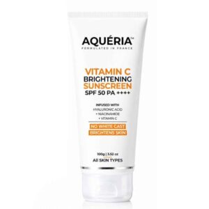 Aqueria 3-in-1 Brightening Sunscreen SPF 50 PA++++ | In-Vivo/In-Vitro Tested | 5% Niacinamide, 5% Hyaluronic & Vitamin C | Modern UV Filters | Broad Spectrum UVA/UVB & Blue Light Protection | Lightweight, No White Cast, Sweat Resistant | Suitable for Daily Use | For Normal, Dry & Sensitive Skin | 100g