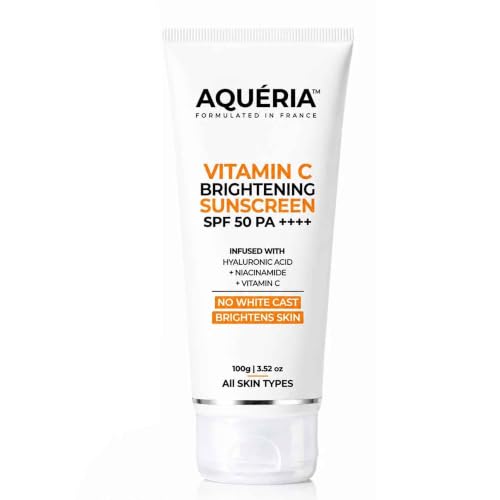 Aqueria 3-in-1 Brightening Sunscreen SPF 50 PA++++ | In-Vivo/In-Vitro Tested | 5% Niacinamide, 5% Hyaluronic & Vitamin C | Modern UV Filters | Broad Spectrum UVA/UVB & Blue Light Protection | Lightweight, No White Cast, Sweat Resistant | Suitable for Daily Use | For Normal, Dry & Sensitive Skin | 100g