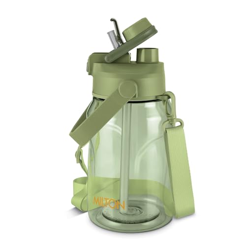 MILTON Eros 1000, 2-in-1 Sip or Gulp Lid Water Bottle 960ml | Unbreakable - Crystal Clear Plastic | Leak-Proof & BPA-Free, One-Click Open | Ideal for School, Office, Gym & Travel Use, Military Green