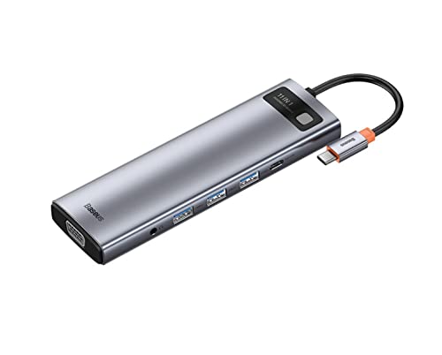 Baseus 11-in-1 Type-C Hub, Metal Gleam Series, Dual HDMI 4K, VGA, USB 3.0, RJ45 LAN, SD/TF Card Reader, 100W PD Charging, Grey