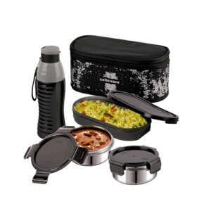 CELLO Gemini Lunch Box Gift Set of 3 Pieces with Bag for Office Use Black | 300ml x 2 Steel Round Containers, 500ml x 1 Oval Container with 600 ml Water Bottle, Leak Proof Tiffin Set for School Travel