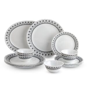 CELLO Damask Imperial Plus Series Opalware Dinner Set of 19 Pieces For Family of 6 | Bone-Ash Free & Leadfree Opal Glass Microwave & Dishwasher Safe Crockery Plates & Bowls Set For Daily Use & Gifting