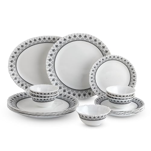 CELLO Damask Imperial Plus Series Opalware Dinner Set of 19 Pieces For Family of 6 | Bone-Ash Free & Leadfree Opal Glass Microwave & Dishwasher Safe Crockery Plates & Bowls Set For Daily Use & Gifting