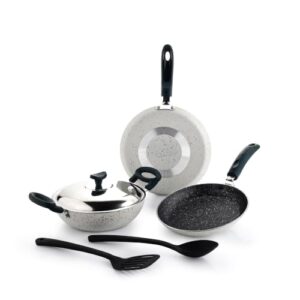 Crystal Aluminum 6 Pcs Non Stick Cookware Set | Gas Stove Friendly | Tawa, Fry Pan, Kadhai with Lid, Laddle & Spatula | Durable 4 Layer Non Stick Coating | PFOA Free | White