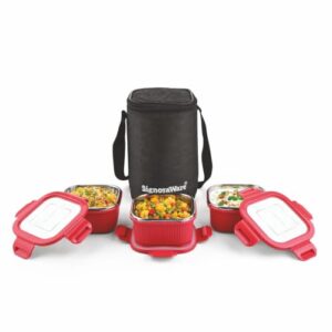 Signoraware Box Bite Steel Microsafe Square Lunch Box+Bag (400mlx3,Red)