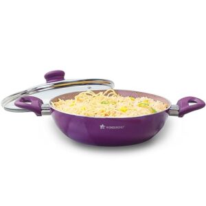 Wonderchef Royal Velvet Non-Stick Kadhai with Glass Lid 24cm for Kitchen, 2.7L Non-toxic Chemical & PFOA Free, Low-oil Cooking, Scratch-resistant, Gas Stove & Induction Friendly, 2-Yr Warranty, Purple