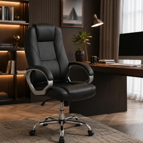 Oakcraft Premium Ergonomic Office Chair – Adjustable Swivel Desk Chair with Lumbar Support & PU Leather Upholstery (Full Black, High Back)