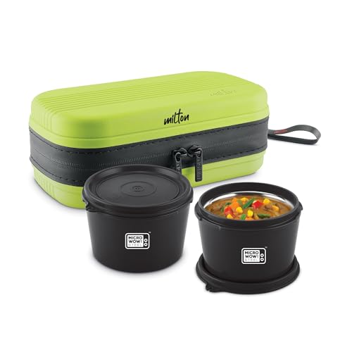 MILTON Town Case Microwavable Lunch Box | Inner Steel, Double Wall, Leak-Proof Design | Compact & Durable Lunch Box for Office use, College, School, (2 x 450 ml), Lemon Green