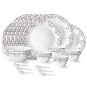 Larah by Borosil Lark Fluted Series Opalware Dinner Set | 33 Pieces for Family of 6 | Microwave & Dishwasher Safe | Bone-Ash Free | Crockery Set for Dining & Gifting | Plates & Bowls | White