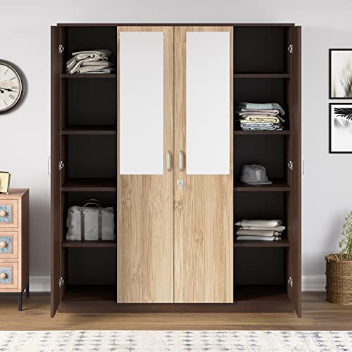 Nilkamal Willy 4 Door Wooden Wardrobe With Mirror for Bedroom | Almirah with 1 Hanging Rod, 12 Shelves & 1 Locakble Drawer | Clothes Cupboard | Engineered Wood | New Wenge