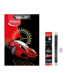 Maped Exam kit – 12pc Set (Car Theme) |High-End Clipboard and Wooden Dark Pencils|Exam Pad for Students|Ideal for School Students | Essential Exam Kit