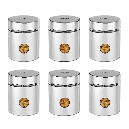 Amazon Brand - Solimo Drip Window Steel Jacketed Glass Jar | Set of 6 | Multipurpose Kitchen Organizer with See-Through Window | 900 ml | Silver