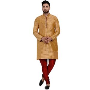 Veera Paridhaan Men’s Ethnic Jacquard Full Sleeve Printed Long Kurta Set(Golden Kurta, Maroon Pajama, Size-46)