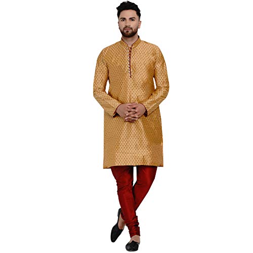 Veera Paridhaan Men's Ethnic Jacquard Full Sleeve Printed Long Kurta Set(Golden Kurta, Maroon Pajama, Size-46)