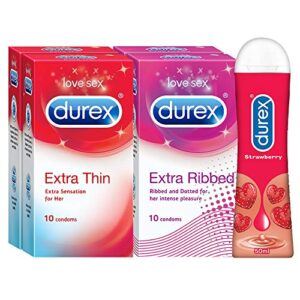 Durex Pleasure Packs (Extra Thin 10s, Extra Ribbed 10s, Strawberry 50 ml)