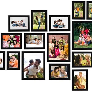 Amazon Brand – Solimo Collage Photo Frames, Set Of 15 (4Pcs – 4X6 Inch, 8Pcs – 5X7 Inch, 3Pcs – 8X10 Inch), Black, Engineered Wood, Oblong, Wall Mount
