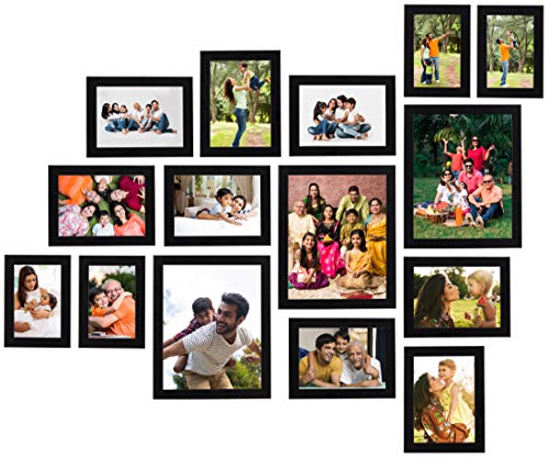 Amazon Brand - Solimo Collage Photo Frames, Set Of 15 (4Pcs - 4X6 Inch, 8Pcs - 5X7 Inch, 3Pcs - 8X10 Inch), Black, Engineered Wood, Oblong, Wall Mount