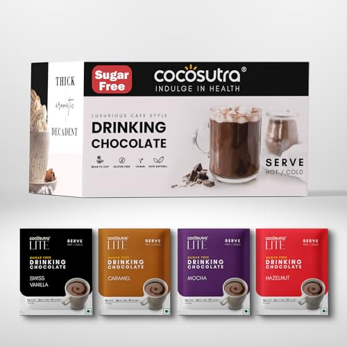 COCOSUTRA Sugar-Free Drinking Chocolate Mix | 20 Single-Serve Sachets (20g Each) | 4 Flavours x 5 Sachets Each - Swiss Vanilla, Mocha, Caramel & Hazelnut | Zero Sugar | Low Carb | Sweetened with Stevia & Erythritol | Gluten Free & Vegan | Enjoy Hot or Cold | 400g