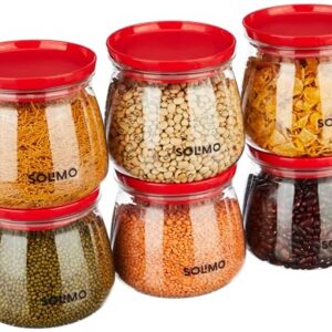 Amazon Brand – Solimo Plastic Storage Jar and Container Set I Air Tight & BPA Free Containers for Kitchen Storage Set I Grocery Kitchen Container Set I Multipurpose Jar, 800 Ml Each, Set 6, Red