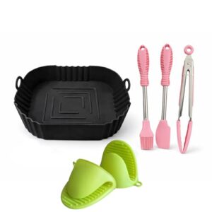 ZORZOP 2 PCS Air Fryer Liners I Square Silicone Basket Baking Tray I Pot with Ear Handles I Nonstick Reusable Heat Resistant I Cooking Oven Insert Accessories (Black)