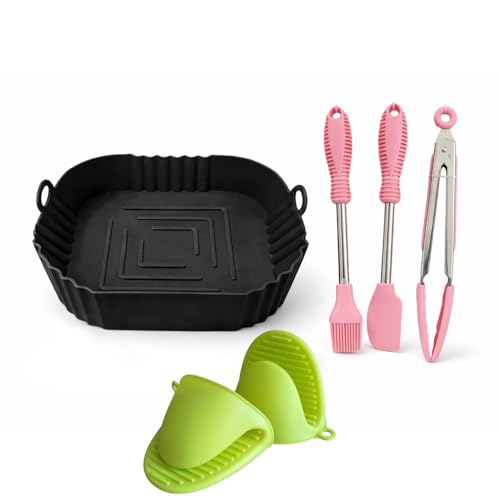 ZORZOP 2 PCS Air Fryer Liners I Square Silicone Basket Baking Tray I Pot with Ear Handles I Nonstick Reusable Heat Resistant I Cooking Oven Insert Accessories (Black)