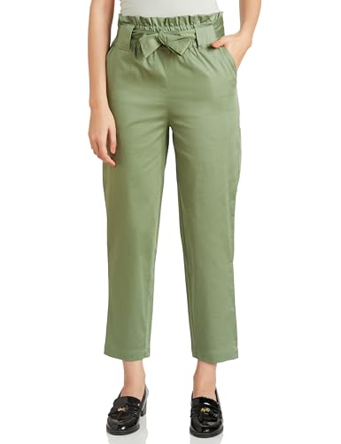 Amazon Brand - Symbol Women's Tapered Paper Bag Trousers (High Rise Ankle Length | with Self Fabric Belt) (CT-19 Cont_Olive_26)