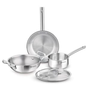 Bergner TriPro 4 Pcs Tri-Ply Stainless Steel Induction Bottom Cookware Set – 22cm (2L) Kadai and 22cm (1L) Frypan with Common Stainless Steel Lid, 14cm (1L) Teapan, Less Oil Use, Easy to Clean