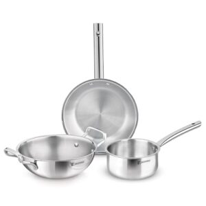 Bergner TriPro 3 Pcs Tri-Ply Stainless Steel Induction Bottom Cookware Set – 22cm (2L) Kadai and 22cm (1L) Frypan, 14cm (1.1L) Teapan, Less Oil Use, Easy to Clean – Induction and Gas Stove Ready