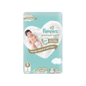 Pampers Premium Care Pant Style Baby Diapers S 4 Count | No Marks Design | Voted India’s #1 Softest Diaper | All in 1 diaper with 360 Cottony Softness