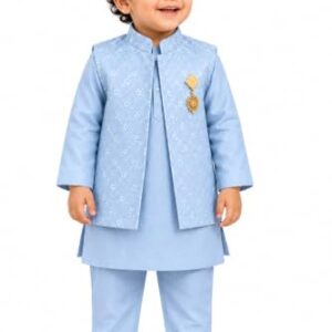 JUGNU JUNIORS Boys Kurta Pajama Set with Embroidered Waistcoat & Brooch, Sky Blue 3 Piece Traditional Ethnic Wear Set for 3-6 Months Kids, Indian Festive Outfit for Wedding, Party, Diwali & Eid