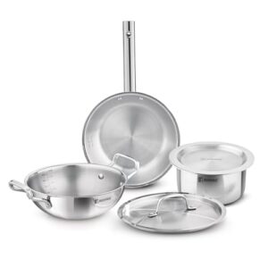 Bergner Tripro Triply Cookware Set 5 Pcs – 22cm (2.3L) Kadai with Lid, 22cm Frypan, 16cm (1.8L) Tope with Lid, Consumes Less Oil, Healthy Cooking, Even Heat Distribution, Induction and Gas Stove Ready