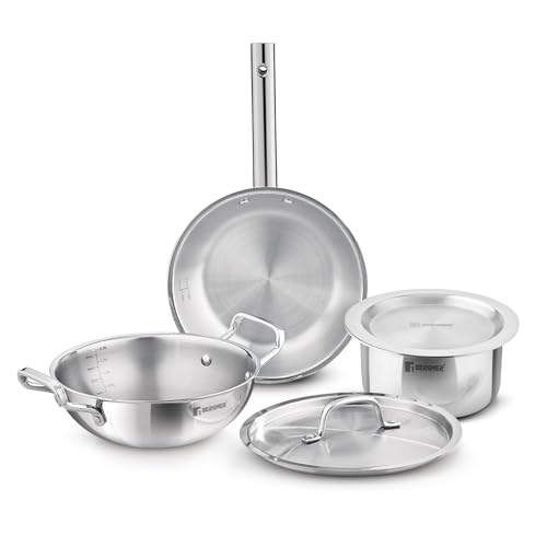 Bergner Tripro Triply Cookware Set 5 Pcs - 22cm (2.3L) Kadai with Lid, 22cm Frypan, 16cm (1.8L) Tope with Lid, Consumes Less Oil, Healthy Cooking, Even Heat Distribution, Induction and Gas Stove Ready
