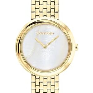 Calvin Klein Twisted Bezel Qtz Basic Slim White Mother of Pearl Round Dial Women’s Watch|Ionic Plated Thin Gold Steel Material|Gold Color Band – 25200321