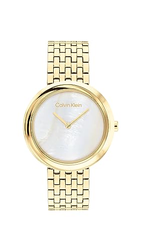 Calvin Klein Twisted Bezel Qtz Basic Slim White Mother of Pearl Round Dial Women's Watch|Ionic Plated Thin Gold Steel Material|Gold Color Band - 25200321