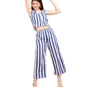 POPWINGS Casual Stripe Printed Crop Top and Trouser Co-Ords Set for Women || Top and Bottom Set for Women || Women Top and Trousers Set | Women Latest Trendy Co Ords Set || Two Piece Set for Women